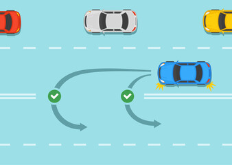 Traffic regulating rules and tips. Safety car driving. Blue sedan car is about to make a u-turn on city a road. Permitted types of u-turn on a double solid line. Flat vector illustration template.