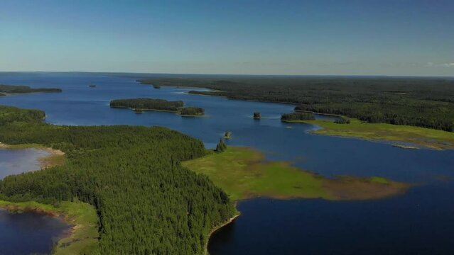 Aerial view of landscape with forest and lake in Karelia