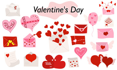 A set of items for ValentineDay. Envelopes, valentines, letters. In color version. A symbol of love and a Valentine Day holiday. Vector illustration.