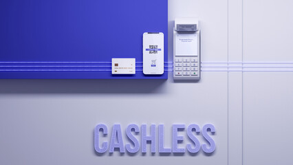Cashless society. Payment terminal, credit card and smartphone linked with digital wireless.