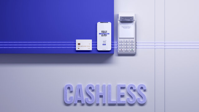 Cashless society. Payment terminal, credit card and smartphone linked with digital wireless. - Powered by Adobe