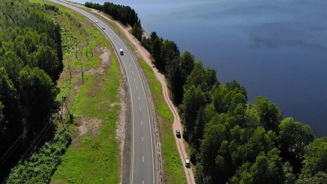 Aerial view of landscape with forest and lake in Karelia