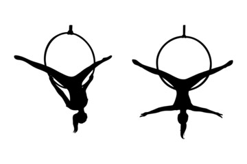 Aerial female gymnast silhouette in hoop. Aerial gymnastics stunt. Vector illustration isolated on white background © liu_miu