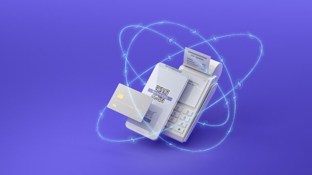 Icons of credit card with chip, POS terminal with receipt and smartphone with QR code on screen. - Powered by Adobe