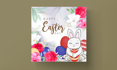 Happy Easter card with cute rabbit Easter egg and beautiful flowers