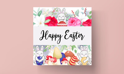 Happy Easter card with cute rabbit Easter egg and beautiful flowers