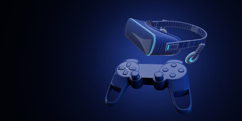 Virtual reality concept. VR headset and joystick wireframe..3d rendering illustration. © allme3d