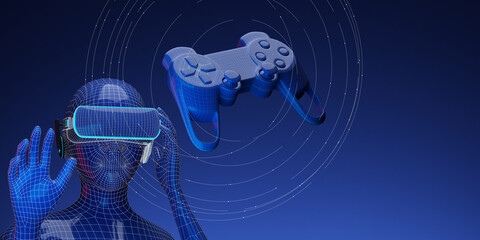 The metaverse gaming virtual reality concept. 3d rendering illustration design character and joystick wireframe for networking, gaming