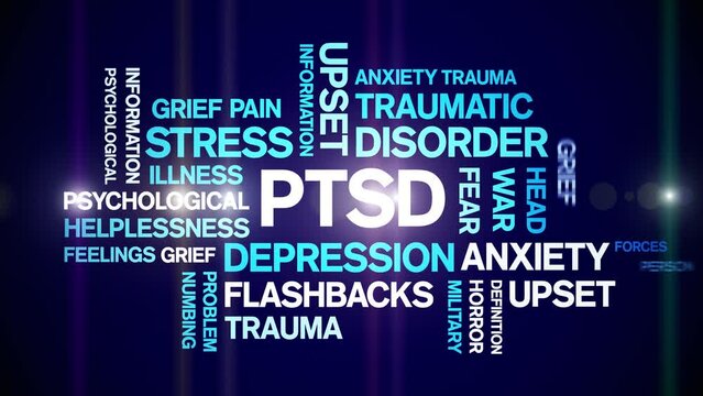 PTSD Animated tag word cloud;text design animation kinetic typography seamless loop.