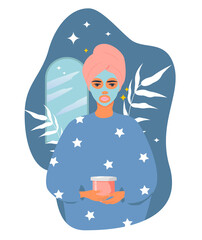vector hand drawn illustration in flat style on the theme of beauty routine. young woman with a towel on her head and a mask on her face holds a jar of cream