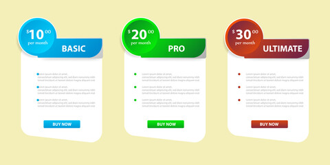 set of pricing table, order, box, button, list for web, Pricing Table Template with Three Plan Type. Pricing table, banner, button, list and bullet with plan for website in flat design.