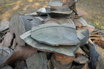 Ancient sample of bowl-pieces, coarse stoneware body with light green glazed on interior. Archaeology of ancient kiln sites in Lanna region, Ja-Manas kiln, Northern Thailand.
