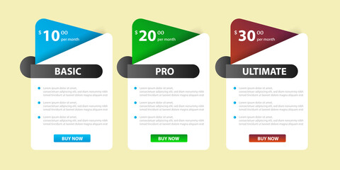 set of pricing table, order, box, button, list for web, Pricing Table Template with Three Plan Type. Pricing table, banner, button, list and bullet with plan for website in flat design.