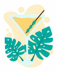  Martini glass with olives. Postcard with cocktail and monstera leaves. Vector illustration in a flat style.