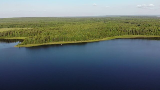 Aerial view of landscape with forest and lake in Karelia