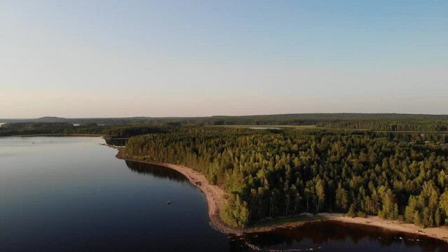 Aerial view of landscape with forest and lake in Karelia