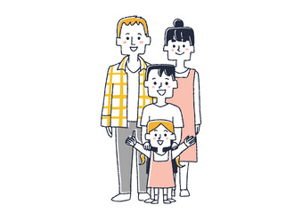 夫婦、息子娘の四人家族　コミカルな手書きの人物イラスト　ベクター線画にシンプルな色つけ　白バック