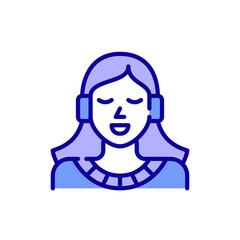 Cute young girl listening to music in headphones and smiling. Pixel perfect, editable stroke color icon