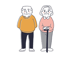 腰の曲がった老夫婦　コミカルな手書きの人物イラスト　ベクター線画にシンプルな色つけ　白バック