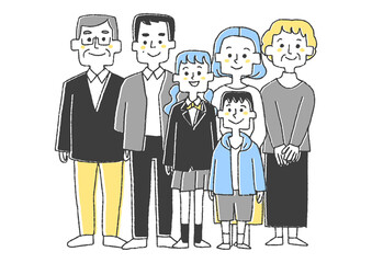 三世代家族　コミカルな手書きの人物イラスト　ベクター線画にシンプルな色つけ　白バック