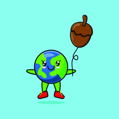 Cute cartoon earth floating with acorn balloon cartoon vector illustration in concept 3d cartoon style