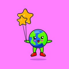 Cute cartoon earth floating with star balloon cartoon vector illustration in concept 3d cartoon style