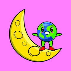 Cute cartoon Earth character standing on the crescent moon in 3d modern design for t-shirt, sticker, logo element