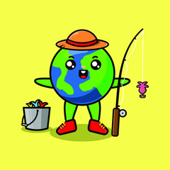 Cute cartoon earth ready fishing wearing fishing equipment cartoon character in concept 3d cartoon style