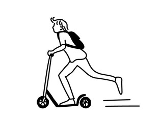 キックボードに乗ってスピードを出して走る男性の線画イラスト