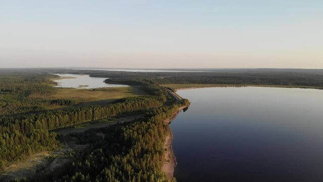 Aerial view of landscape with forest and lake in Karelia
