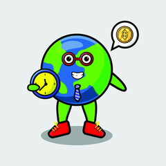 Cute cartoon earth character holding clock with happy expression in concept 3d cartoon style