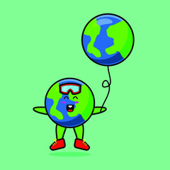 Cute cartoon earth floating with earth world balloon cartoon vector illustration in concept 3d cartoon style