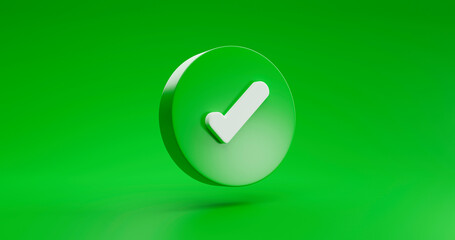 Green Check Mark symbol icon sign correct or right approve or concept and confirm illustration  isolated on Green background 3D rendering