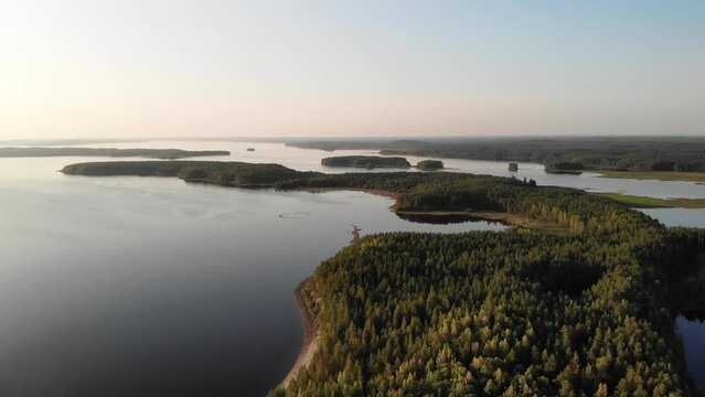 Aerial view of landscape with forest and lake in Karelia