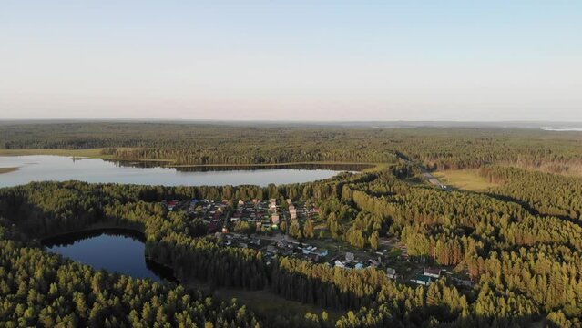 Aerial view of landscape with forest and lake in Karelia