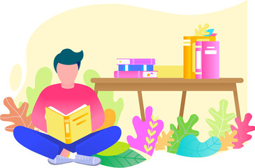 Man reading book, studying at home. Guy student is resting with book, male character is fond of literature, enjoys reading, gets education. Character is reading and resting after work, bibliophile