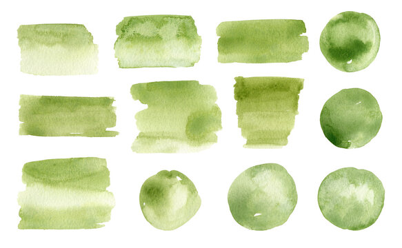 Set of abstract watercolor stains and brushstrokes of green color isolated on white background. Round and rectangular paint spots. Perfect for decorations, cards, various designs.