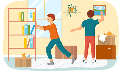 Family moving to new house, people moving to new house, carrying things to apartment, changing place of residence, relocation. Unpacking things after shipping, decorating home. Rental of premises