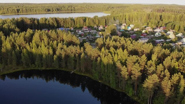 Aerial view of landscape with forest and lake in Karelia