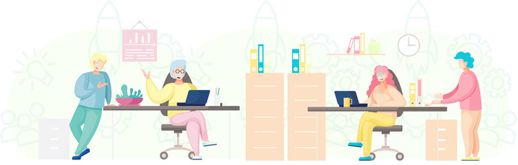 Business people man and woman talking. Colleagues discussing work, chatting communicating sitting at office desk. Businesspeople have project strategy planning meeting. Teamwork with business plan