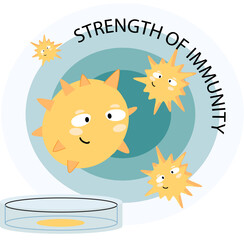 Strength of immunity concept with healthy cute character surrounded by invisible barrier for bacterial and viral attack. Immune protection in healthy body. Health care, vaccination and immunization