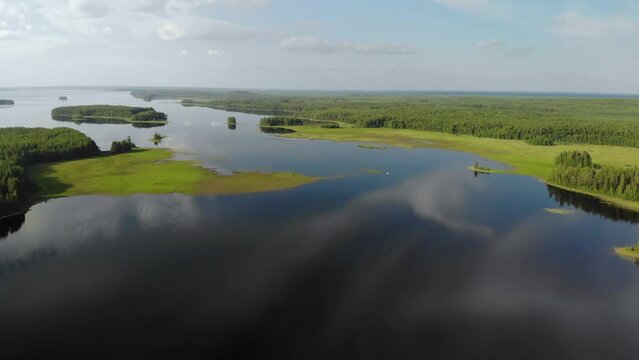 Aerial view of landscape with forest and lake in Karelia