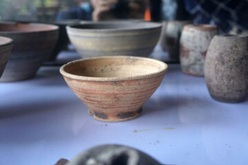 lid of jar, mortar-like vessel, unglazed stoneware body. Archaeology of ancient kiln sites in Lanna region, Ja-Manas kiln. Northern Thailand.