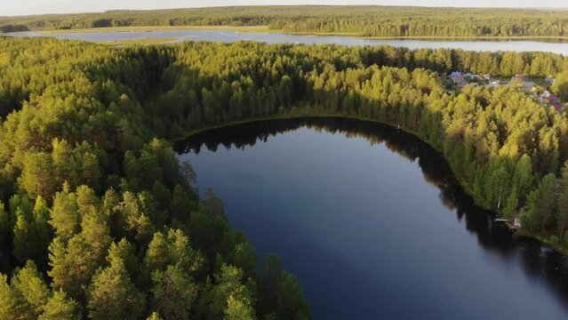Aerial view of landscape with forest and lake in Karelia