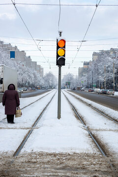 Traffic Light With Red And Yellow Signal On The Tram Stop