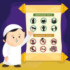 Islamic Young Boy Indicating Towards Ramadan Do's And Don'ts Thoughts On Purple And Yellow Background.