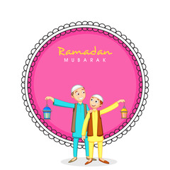 Happy Muslim Boys Holding Lanterns On Pink And White Background For Ramadan Mubarak Concept.