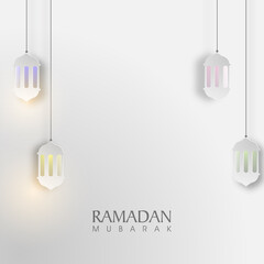 Glowing hanging paper lamps decorated gray background for Islamic Holy Month, Ramadan Mubarak.