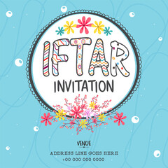 Iftar Invitation with colorful flowers decoration, Can be used as poster, banner or flyer design, Muslim Community Festival concept.