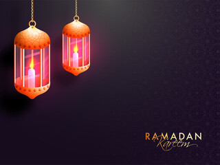 Golden Ramadan Kareem Font With Realistic Illuminated Lanterns Hang On Purple Mandala Pattern Background.